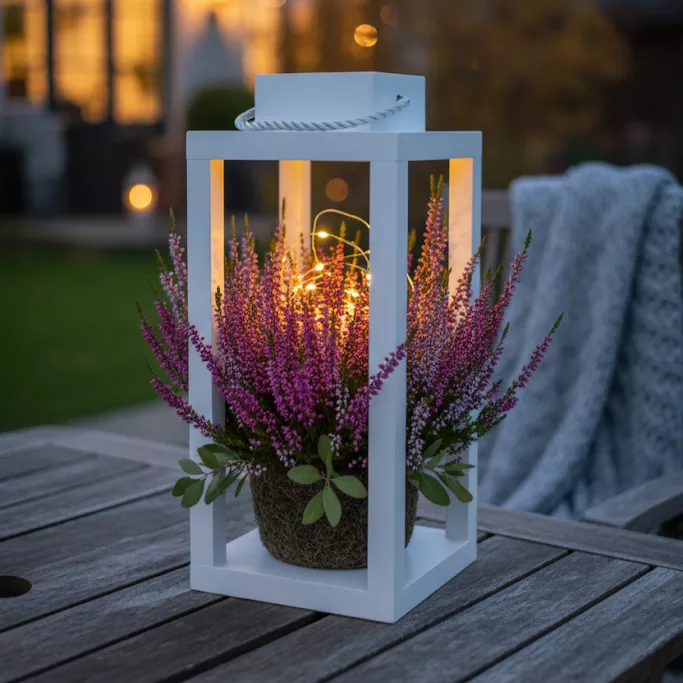 Biały lampion z uchwytem ze sznurka, ustawiony na drewnianym stole ogrodowym. W środku wrzos w odcieniach fioletu i różu oraz ciepłe lampki, tworzące przytulny klimat. W tle koc na krześle i rozmyty widok ogrodu o zmierzchu.