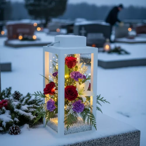 Zimowy cmentarz z białym lampionem na grobie, wypełnionym czerwonymi różami, liliami i goździkami. Światło wewnątrz rozświetla kwiaty i śnieg, tworząc ciepły kontrast wobec chłodnej scenerii pamięci i zadumy.