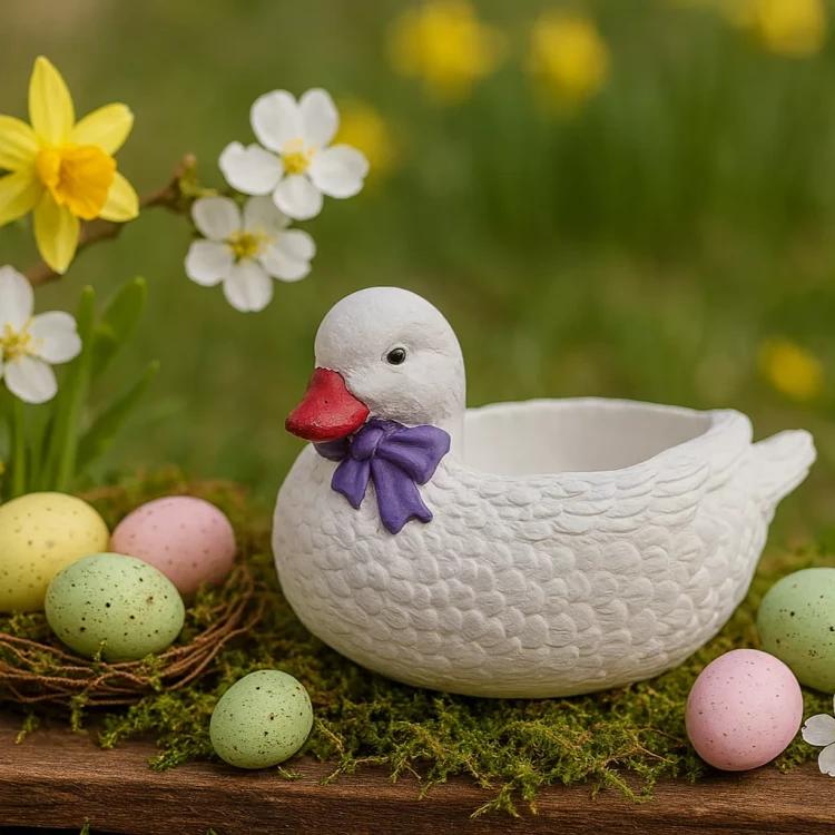 Biała gipsowa kaczka z fioletową kokardką w otoczeniu kolorowych, nakrapianych jajek, mchu i wiosennych kwiatów, tworząca dekoracyjną, wiosenną kompozycję.
