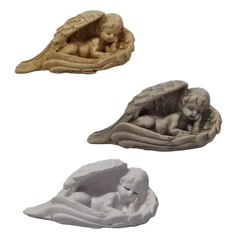 Gipsowe aniołki śpiące w kolorze białym, szarym i beżowym. Idealne jako dekoracja lub element większej kompozycji.
