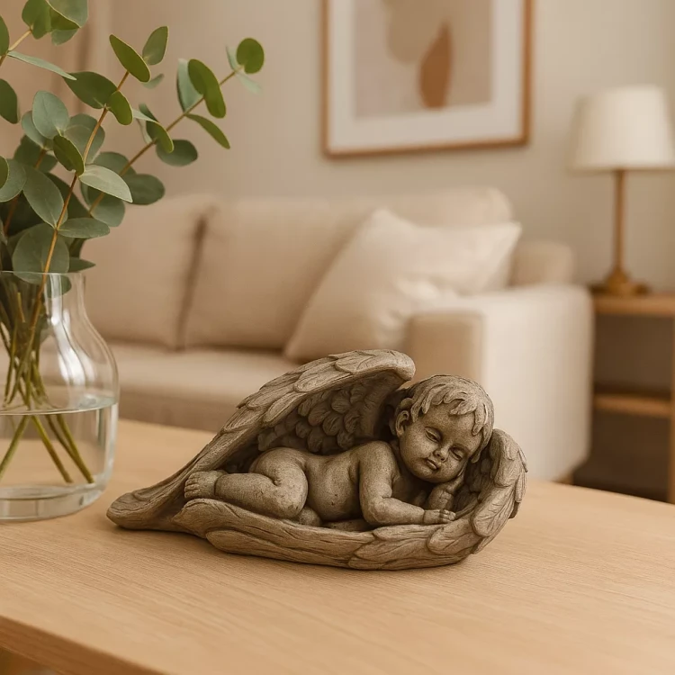 Figurka śpiącego anioła złożonego w skrzydłach, ustawiona na drewnianym stoliku w jasnym, przytulnym salonie z wazonem zielonych gałązek i beżową sofą w tle.