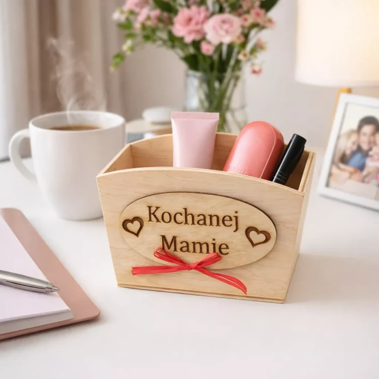 Drewniane pudełko z grawerem „Kochanej Mamie”, ozdobione czerwonymi serduszkami i kokardką, wypełnione kosmetykami; obok stoją kubek z kawą, notes z długopisem, różowe kwiaty w wazonie, lampka i rodzinne zdjęcie na biurku.