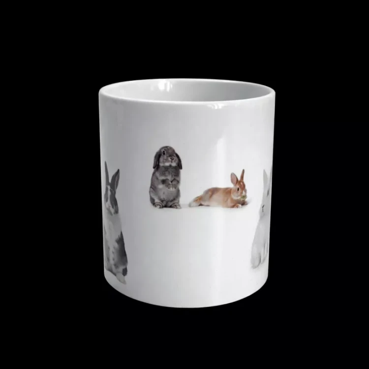 Biały ceramiczny kubek z nadrukiem królików. Na środku szary królik stojący na tylnych łapach, obok leżący brązowy królik; po bokach częściowo widoczne inne króliki.