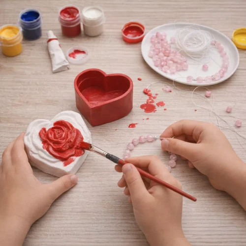 Ręce malujące czerwone serce z różą, obok farby, pędzel i koraliki na stole.
