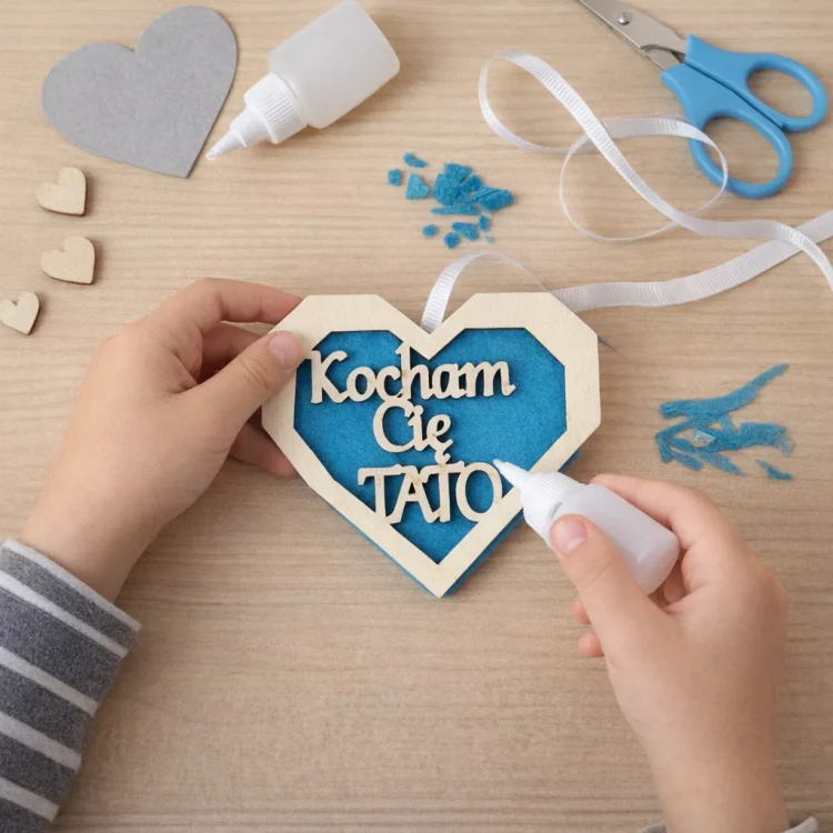 Ręce trzymają drewniane serce z niebieskim tłem i napisem ‘Kocham Cię Tato’, obok leżą nożyczki, klej, wstążka i materiały do tworzenia dekoracji.