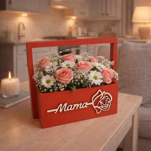 Bukiet różowych róż, białych stokrotek i drobnych białych kwiatów w czerwonym drewnianym pudełku z uchwytem i białym napisem „Mama” z konturem róży. Obok na stole stoi zapalona świeca, tworząc ciepły nastrój.