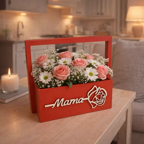 Bukiet różowych róż, białych stokrotek i drobnych białych kwiatów w czerwonym drewnianym pudełku z uchwytem i białym napisem „Mama” z konturem róży. Obok na stole stoi zapalona świeca, tworząc ciepły nastrój.