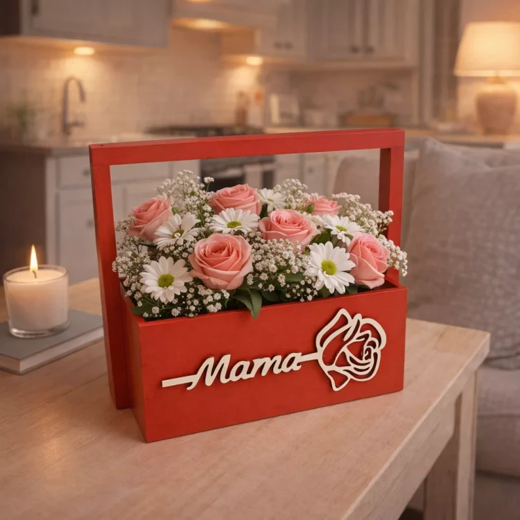 Bukiet różowych róż, białych stokrotek i drobnych białych kwiatów w czerwonym drewnianym pudełku z uchwytem i białym napisem „Mama” z konturem róży. Obok na stole stoi zapalona świeca, tworząc ciepły nastrój.