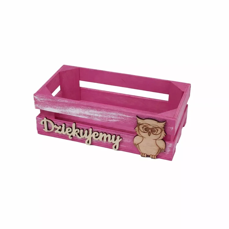 Różowa przecierana skrzynka z drewnianym napisem „Dziękujemy” i sówką na froncie, pokazana z przodu na jasnym tle jako dekoracyjny upominek.