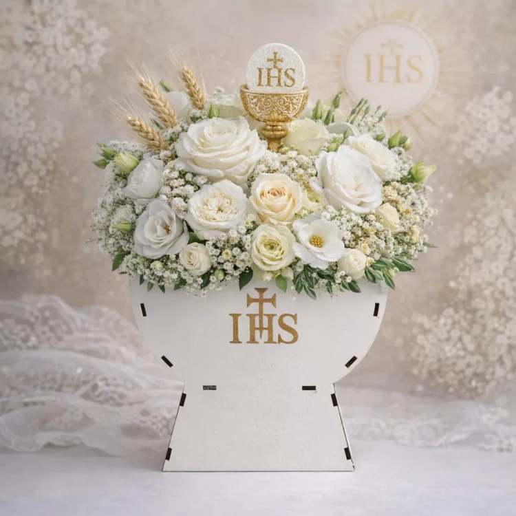 Biała kompozycja kwiatowa w kielichu z symbolem „IHS”, z różami, gipsówką i kremowymi kwiatami. Nad nimi dekoracja w formie hostii z „IHS”, złotym kielichem i kłosami. Całość jasna, miękko oświetlona, na tle koronkowej tkaniny.