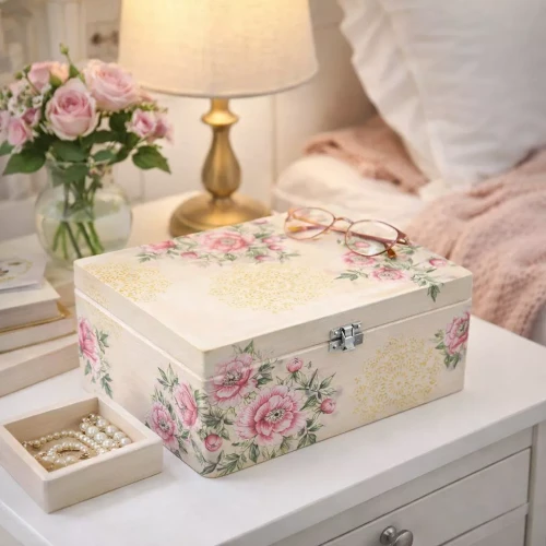 Drewniana skrzyneczka z kwiatowym motywem stoi na stoliku nocnym obok okularów, perłowej biżuterii, lampki i wazonu z różami, w przytulnej sypialni o ciepłym świetle.