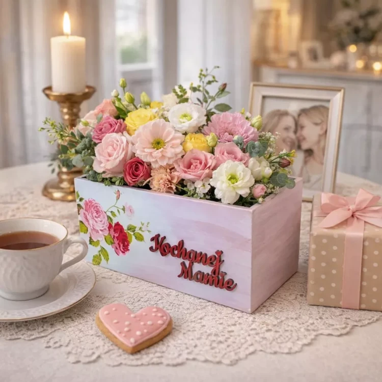 Drewniane pudełko z napisem „Kochanej Mamie”, ozdobione różami, stoi na koronkowym obrusie w domowej scenerii. Wewnątrz kwiaty w pastelowych barwach, obok filiżanka herbaty, serduszko z lukrem, świeca i zapakowany prezent.