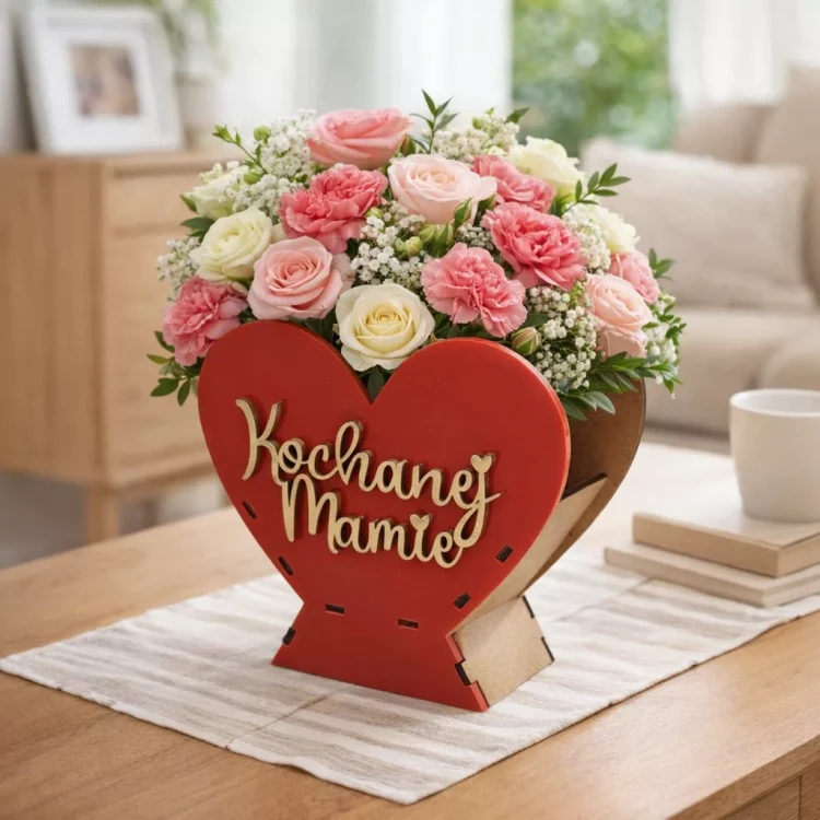 Kompozycja kwiatowa w czerwonym, drewnianym sercu stojącym na stole. Wewnątrz różowe i kremowe róże, goździki i drobne białe kwiaty z zielonymi liśćmi. Front zdobi napis „Kochanej Mamie”.