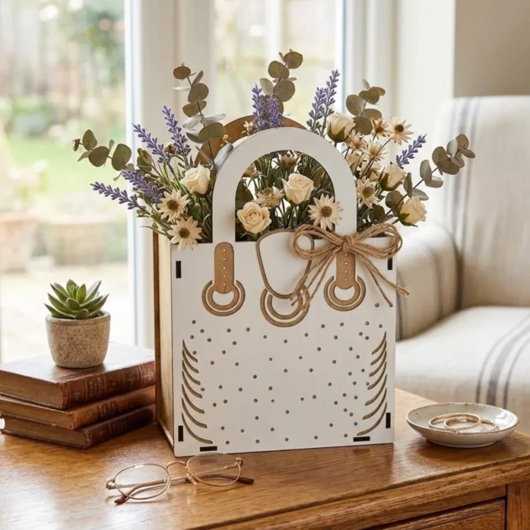 Dekoracyjny, biały flower box w kształcie damskiej torebki wypełniony bukietem kwiatów, w tym lawendy i eukaliptusa. Torebka ozdobiona jest jutową kokardą. Całość stoi na drewnianym stole, obok leżą okulary i książki w jasnym, domowym wnętrzu.