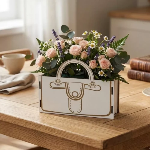 Biały flower box w kształcie torebki z ozdobnym grawerem, stojący na drewnianym stole. Wypełniony jest obfitym bukietem różowych róż, fioletowej lawendy, rumianków i eukaliptusa. W tle widać kubek, serwetkę i książki w jasnym pomieszczeniu.