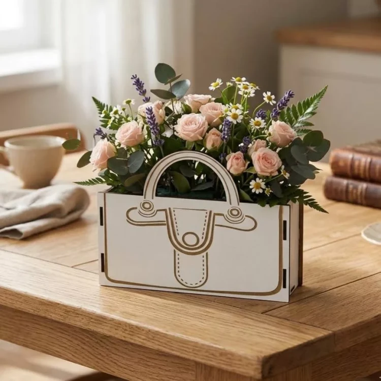 Biały flower box w kształcie torebki z ozdobnym grawerem, stojący na drewnianym stole. Wypełniony jest obfitym bukietem różowych róż, fioletowej lawendy, rumianków i eukaliptusa. W tle widać kubek, serwetkę i książki w jasnym pomieszczeniu.