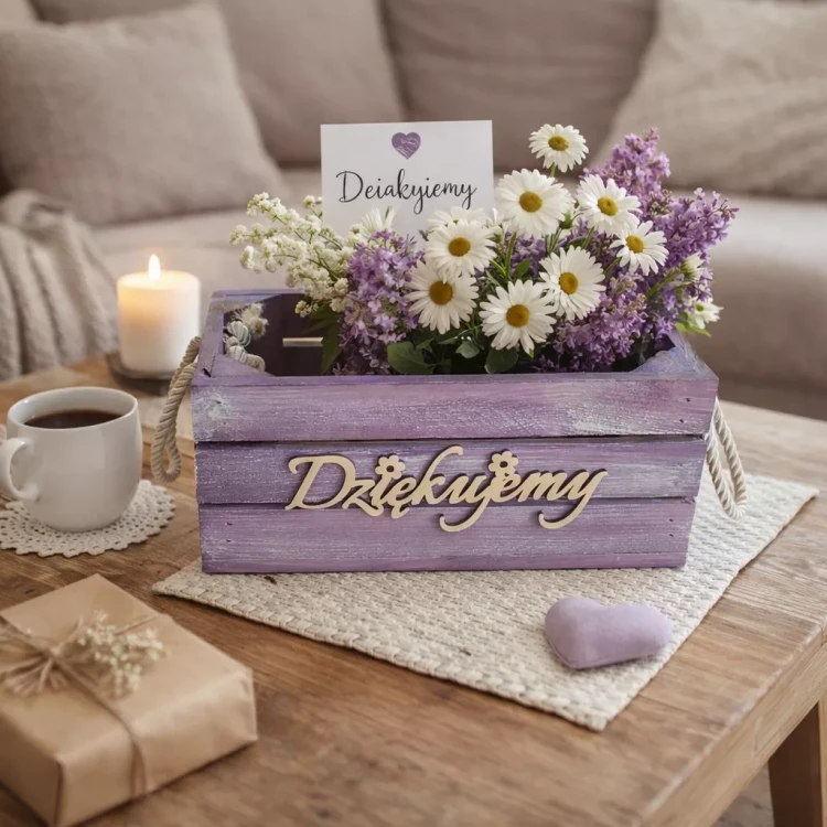 Fioletowa drewniana skrzynka z napisem „Dziękujemy”, wypełniona białymi stokrotkami i fioletowym bzem, stoi na stole obok filiżanki kawy, zapalonej świecy, prezentu owiniętego w papier i małego serduszka z materiału.