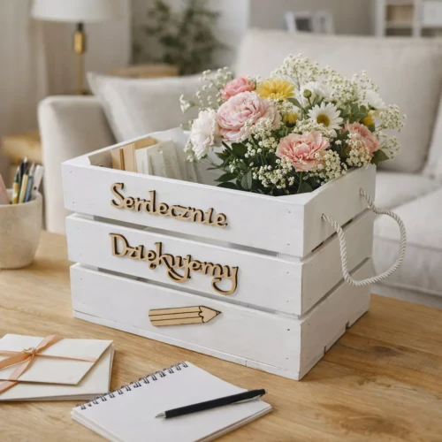 Biała drewniana skrzynka z napisem „Serdecznie Dziękujemy”, ozdobiona drewnianym ołówkiem, stoi na stole w salonie. W środku znajdują się książki i bukiet kwiatów, różowe goździki, stokrotki, żółte chryzantemy i gipsówka.