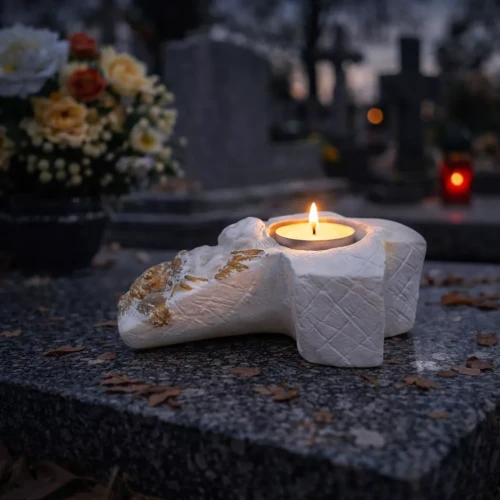Na zdjęciu widać zapaloną świeczkę w gipsowym krzyżu ze złotymi zdobieniami, stojącą na kamiennej płycie nagrobnej wśród jesiennych liści, z kwiatami i krzyżami w tle.