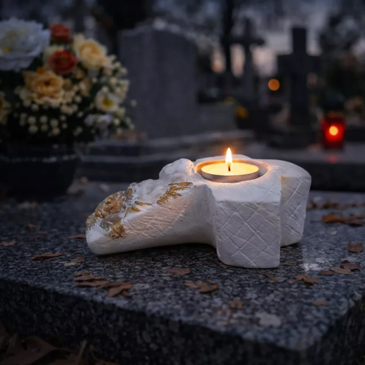 Na zdjęciu widać zapaloną świeczkę w gipsowym krzyżu ze złotymi zdobieniami, stojącą na kamiennej płycie nagrobnej wśród jesiennych liści, z kwiatami i krzyżami w tle.