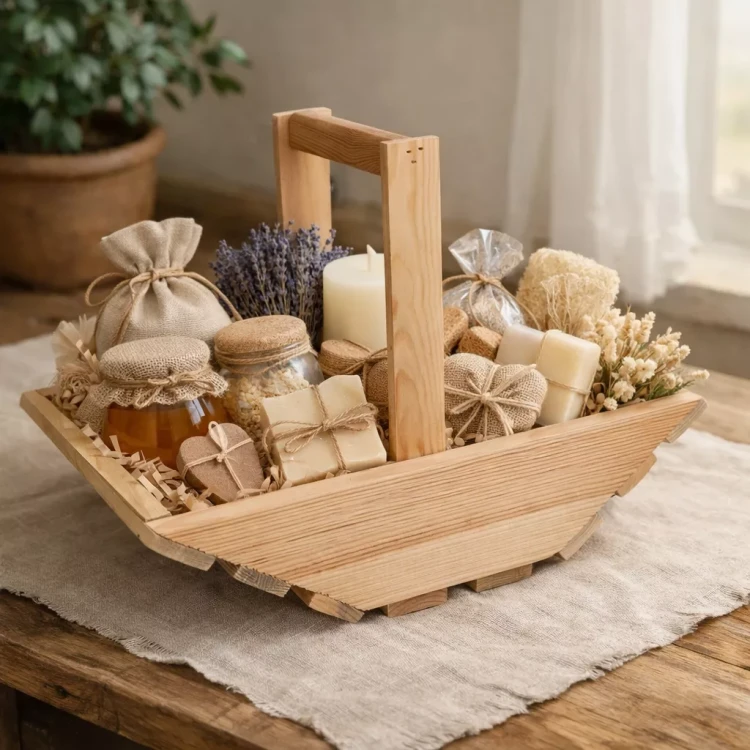 Drewniany koszyk wypełniony naturalnymi produktami - miodem w słoikach, mydłami, świecą, suszoną lawendą, woreczkami z jutą i kwiatami, ustawiony na lnianym obrusie na stole.