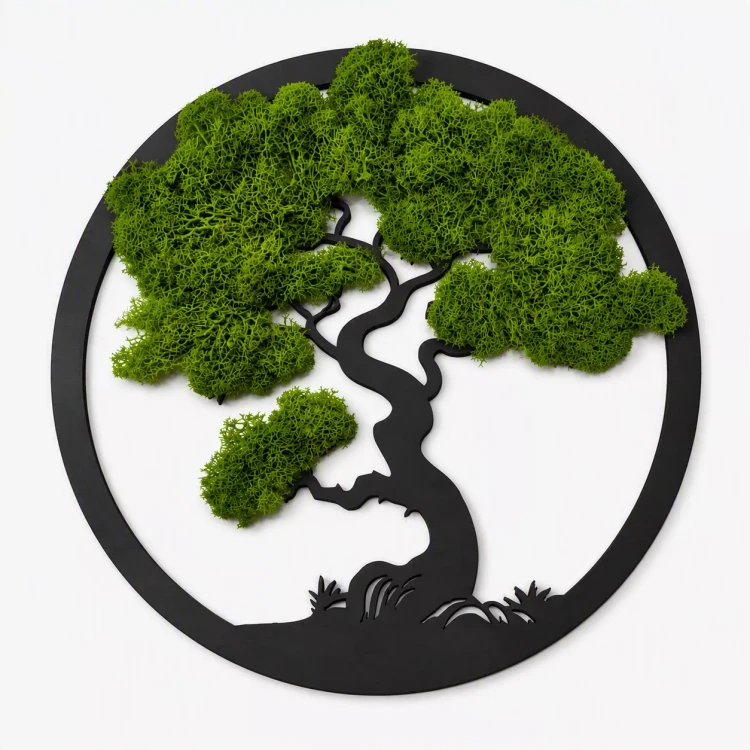 Okrągła dekoracja ścienna z czarną drewnianą ramą i sylwetką drzewa bonsai. Korona wykonana z naturalnego zielonego mchu chrobotka tworzy efekt przestrzenny. Produkt wyeksponowany na czystym białym tle.