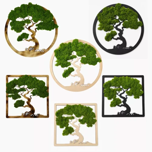 Dekoracje ścienne przedstawiające stylizowane drzewo bonsai z zielonym mchem. Sześć wariantów w okrągłych i kwadratowych ramach, w kolorach naturalnego drewna, jasnego beżu i czerni, na jasnym tle.