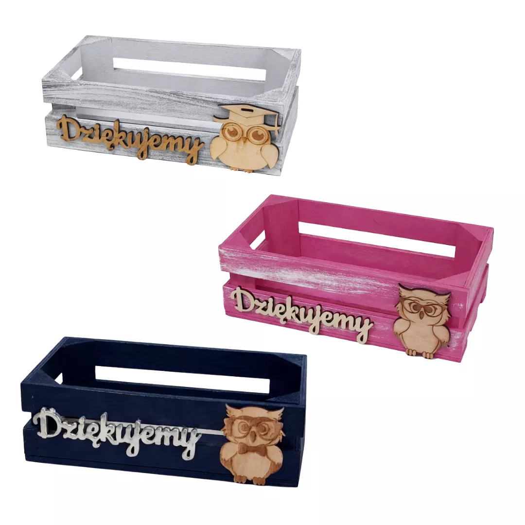 Skrzynka drewniana dziękujemy sowa