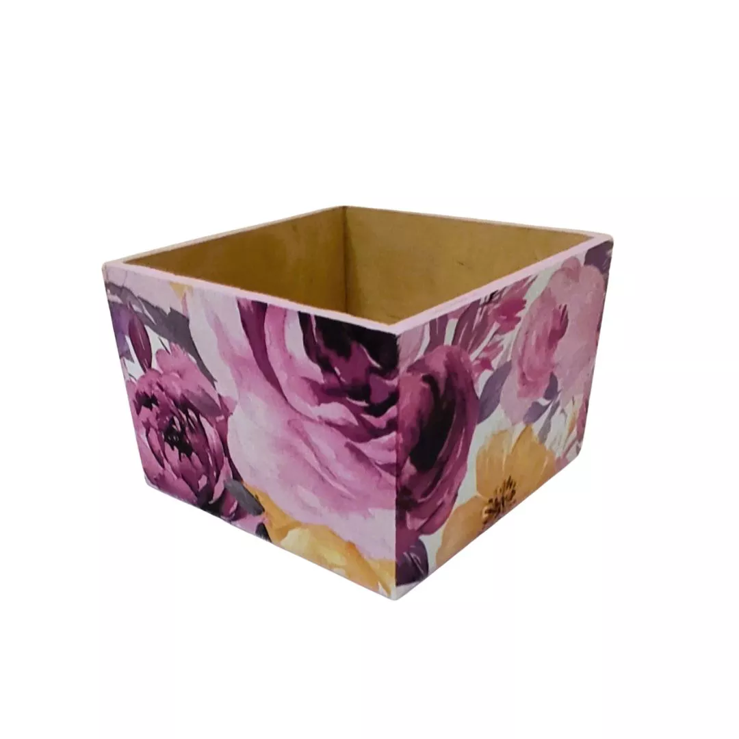 Pudełko decoupage kwadrat różowo pomarańczowe kwiaty