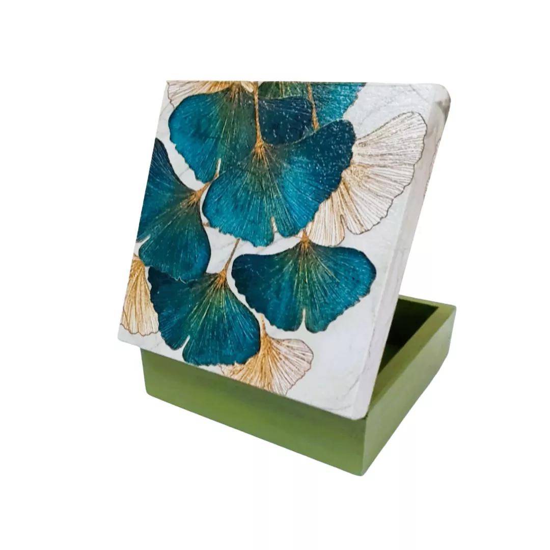 Pudełko decoupage kwadrat zamykane zielono złote liście